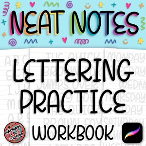 Puede incluir: Un cuaderno de trabajo titulado "Lettering Practice Workbook" con el título "Neat Notes" en letras de burbujas de colores. El cuaderno de trabajo tiene un fondo azul claro con elementos decorativos. El logotipo de la aplicación Procreate está en la esquina inferior derecha.