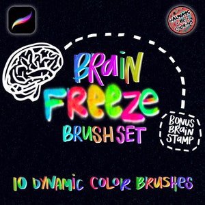 Puede incluir: Una ilustración digital de un cerebro con el texto "Brain Freeze Brush Set" en letras coloridas y burbujeantes. El texto "Bonus Brain Stamp" está en un círculo más pequeño debajo del texto principal. La imagen también incluye el texto "10 Dynamic Color Brushes".