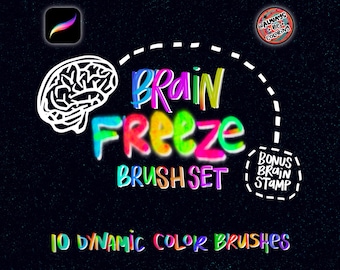 May include: A digital illustration of a brain with the text "Brain Freeze Brush Set" in colorful, bubbly letters. The text "Bonus Brain Stamp" is in a smaller circle below the main text. The image also includes the text "10 Dynamic Color Brushes".