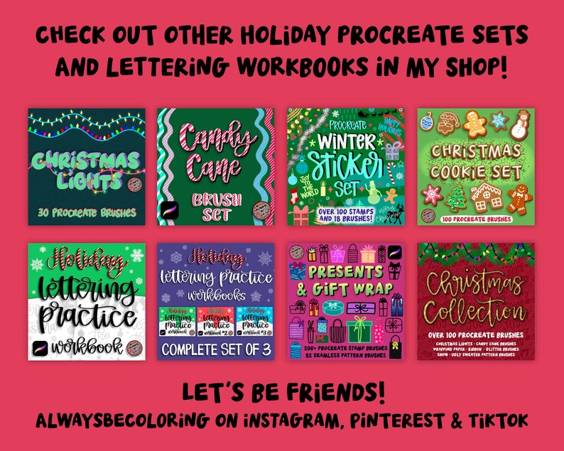 Puede incluir: Una colecci&oacute;n de conjuntos de pinceles de arte digital y cuadernos de pr&aacute;ctica de caligraf&iacute;a para Procreate, con temas navide&ntilde;os e invernales. Los conjuntos incluyen luces navide&ntilde;as, bastones de caramelo, pegatinas de invierno, galletas navide&ntilde;as, regalos y envoltorios de regalos, y una colecci&oacute;n navide&ntilde;a. Cada conjunto incluye una variedad de pinceles y sellos.