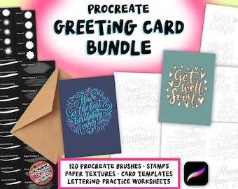Procreate Greeting Card Creator Bundle, Lettering Brushes, Practice Worksheets, 80+ Designs, Printing Templates, Paper Textures & Stamps