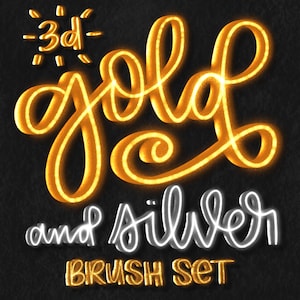 Puede incluir: Conjunto de pinceles 3D dorado y plateado. La palabra "oro" está en una fuente grande y estilizada con un efecto brillante. Las palabras "y plata" están en una fuente más pequeña y estilizada con un brillo blanco. Las palabras "conjunto de pinceles" están en una fuente más pequeña y estilizada con un brillo dorado.