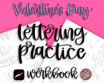 Pode incluir: Caderno de prática de caligrafia para o Dia dos Namorados com fundo rosa e design em preto e branco. O caderno apresenta o texto "Valentine's Day Lettering Practice Workbook" e um ícone do aplicativo Procreate.