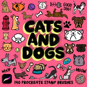 140 Hand Drawn Dogs and Cats Procreate Stamp Brushes, For Digital Art and Illustrations!  Procreate Stamp Brush Set, Animal Stamps, Pets