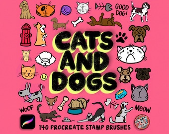 140 Hand Drawn Dogs and Cats Procreate Stamp Brushes, For Digital Art and Illustrations!  Procreate Stamp Brush Set, Animal Stamps, Pets