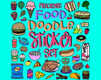 Over 100 Procreate Stamp Brushes with Hand Drawn Food Themed Doodles! For DIY Cards, Illustrations or to use on Photos!  Procreate Stamp Set