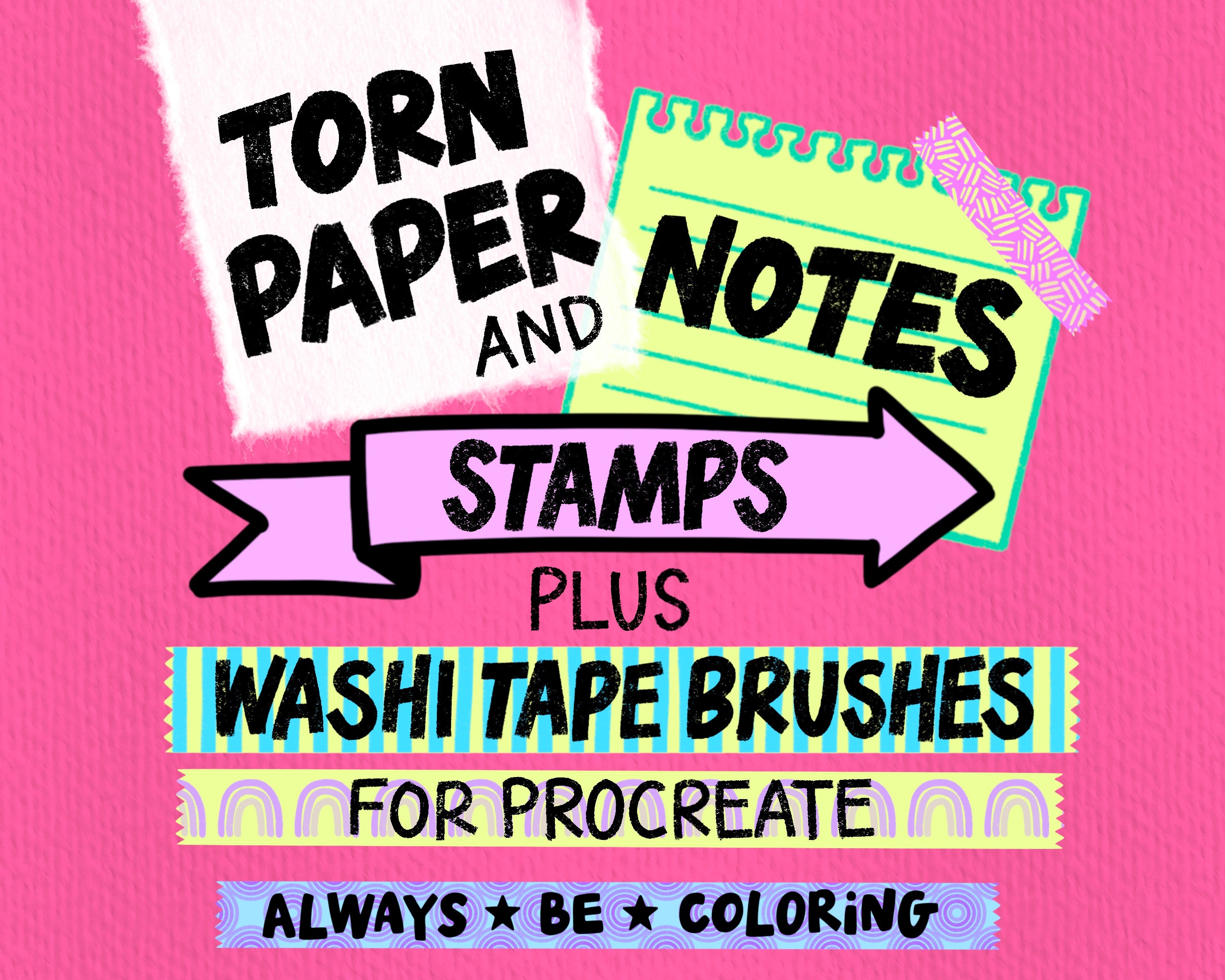 222 Procreate Brushes & Stamps, Torn Paper, Paper Textures, Notes and Arrow Stamps, Digital Bullet Planner Stamps, Procreate Stamp Set