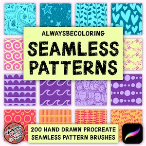 200 Hand Drawn Procreate Seamless Pattern Brushes, Geometric Patterns, Fashion & Fabric Patterns, Procreate Texture, Dots, Stars, Doodles
