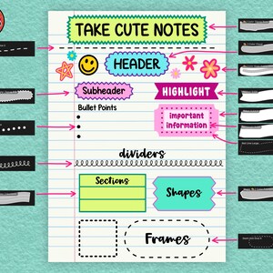 May include: A digital guide titled TAKE CUTE NOTES on lined paper, showcasing various hand-drawn style headers, bullet points, dividers, sections, shapes, and frames in vibrant colors like lime green, cyan, pink, and yellow with black text.