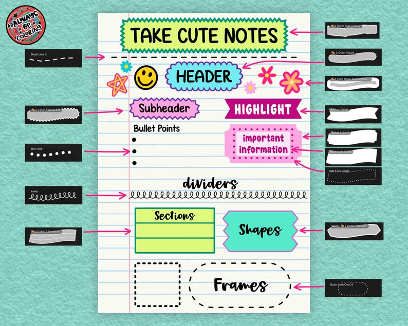 May include: A digital guide titled TAKE CUTE NOTES on lined paper, showcasing various hand-drawn style headers, bullet points, dividers, sections, shapes, and frames in vibrant colors like lime green, cyan, pink, and yellow with black text.