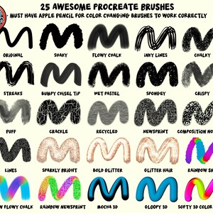 May include: A digital art graphic showcasing 25 Procreate brushes, each labeled with a unique name. The brushes are displayed as the letter "M" in various styles, colors, and textures, including chalky, glitter, and 3D effects. Text at the top reads "25 Awesome Procreate Brushes".