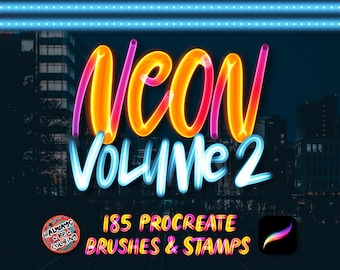 185 Neon Procreate Brushes for Lettering & Digital Illustrations, Color Changing Brushes, Marquee Sign Stamps, 2 Color Palettes, User Guide