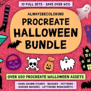 May include: A digital asset bundle for Procreate featuring Halloween-themed graphics. The central text reads ALWAYSBECOLORING PROCREATE HALLOWEEN BUNDLE. Icons include a witch, ghost, skull, pumpkin, cat, haunted house, and spider web on a red background.