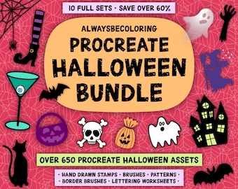 Paquete de Halloween para Procreate: 10 conjuntos completos, 650 pinceles y sellos, hojas de trabajo de caligrafía, patrones y texturas.