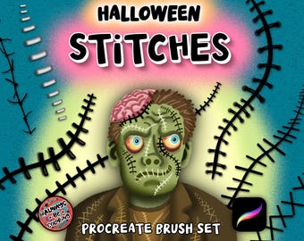 Conjunto de pinceles de Halloween Stitches para Procreate, pinceles dinámicos para lettering y dibujo de zombis, monstruos y más.