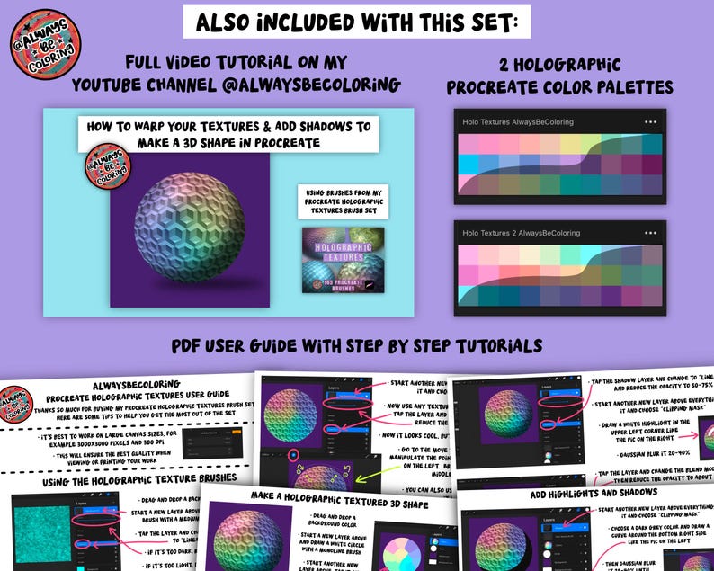 165 Procreate Holographic Texture Brushes, 2 Procreate Color Palettes ...