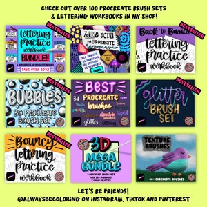 May include: Nine colorful digital product covers for Procreate brushes and lettering practice workbooks. The covers feature illustrations of bubbles, glitter, a bird, and lettering. The text on the covers includes "Bestseller", "Zine Kit", "Back to Basics", "Bouncy Lettering Practice Workbook", "3D Mega Bundle", "Bubbles 3D Procreate Brush Set", "Best 3D Procreate Brushes", "Glitter Brush Set", and "Texture Brushes".