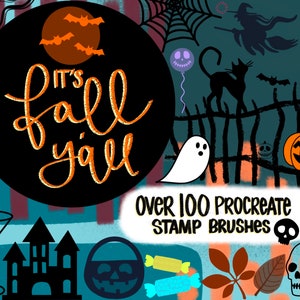 Könnte beinhalten: Ein Set mit über 100 Halloween-Procreate-Stempelpinseln. Das Bild zeigt eine Vielzahl von gruseligen und niedlichen Elementen, darunter Geister, Kürbisse, Fledermäuse, eine Hexe, ein Spukhaus, Süßigkeiten und Schädel. Der Text "It's fall y'all" ist in Orange auf einem schwarzen Kreis geschrieben.