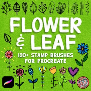 May include: A digital illustration of a set of 120+ flower and leaf stamp brushes for Procreate. The image features a variety of colorful flowers, leaves, and hearts, all drawn in a simple, hand-drawn style. The text "FLOWER & LEAF 120+ STAMP BRUSHES FOR PROCREATE" is displayed in white letters on a green background.