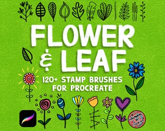 May include: A digital illustration of a set of 120+ flower and leaf stamp brushes for Procreate. The image features a variety of colorful flowers, leaves, and hearts, all drawn in a simple, hand-drawn style. The text "FLOWER & LEAF 120+ STAMP BRUSHES FOR PROCREATE" is displayed in white letters on a green background.