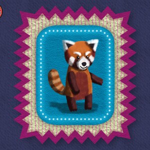 May include: A digital illustration of a red panda centered on a blue rectangular background with white dots, framed by a light yellow striped border and a jagged magenta edge. The text "ALWAYS BE COLORING" appears in a small circular logo at the top left.