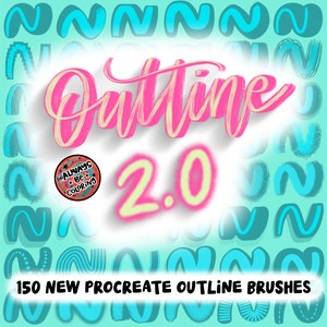 Peut inclure: Une illustration numérique de 150 nouvelles brosses de contour Procreate. L'image présente un texte superposé rose et jaune qui lit "Outline 2.0" et un petit graphique circulaire avec le texte "Always Be Coloring".