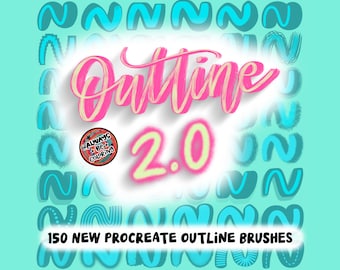 Könnte beinhalten: Eine digitale Illustration von 150 neuen Procreate-Konturpinseln. Das Bild zeigt einen pinkfarbenen und gelben Textüberlagerung mit der Aufschrift "Outline 2.0" und eine kleine kreisförmige Grafik mit dem Text "Always Be Coloring".