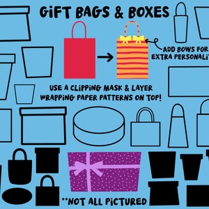 Puede incluir: Una ilustraci&oacute;n digital que muestra diferentes formas de bolsas de regalo y cajas. Las formas est&aacute;n delineadas en negro y se encuentran sobre un fondo azul claro. El texto "GIFT BAGS & BOXES" est&aacute; en la parte superior de la imagen. El texto "USE A CLIPPING MASK & LAYER WRAPPING PAPER PATTERNS ON TOP!" est&aacute; en el medio de la imagen. El texto "ADD BOWS FOR EXTRA PERSONALITY!" est&aacute; a la derecha de la imagen. El texto "**NOT ALL PICTURED**" est&aacute; en la parte inferior de la imagen.