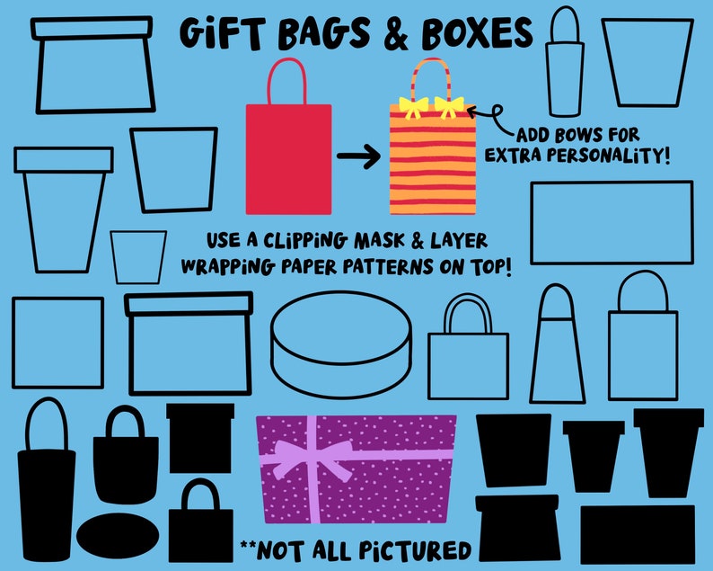 Puede incluir: Una ilustraci&oacute;n digital que muestra diferentes formas de bolsas de regalo y cajas. Las formas est&aacute;n delineadas en negro y se encuentran sobre un fondo azul claro. El texto "GIFT BAGS & BOXES" est&aacute; en la parte superior de la imagen. El texto "USE A CLIPPING MASK & LAYER WRAPPING PAPER PATTERNS ON TOP!" est&aacute; en el medio de la imagen. El texto "ADD BOWS FOR EXTRA PERSONALITY!" est&aacute; a la derecha de la imagen. El texto "**NOT ALL PICTURED**" est&aacute; en la parte inferior de la imagen.