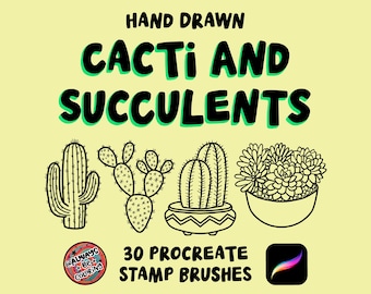 30 Hand Drawn Procreate Cactus and Succulents Stamp Brushes, House Plants, Botanical Art, Digital Illustration, Procreate Beginner