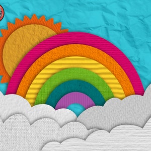 Puede incluir: Un arco&iacute;ris colorido hecho de papel con un sol amarillo y nubes blancas sobre un fondo azul. El texto "@ALWAYS BE COLORING" est&aacute; en un c&iacute;rculo en la esquina superior izquierda.