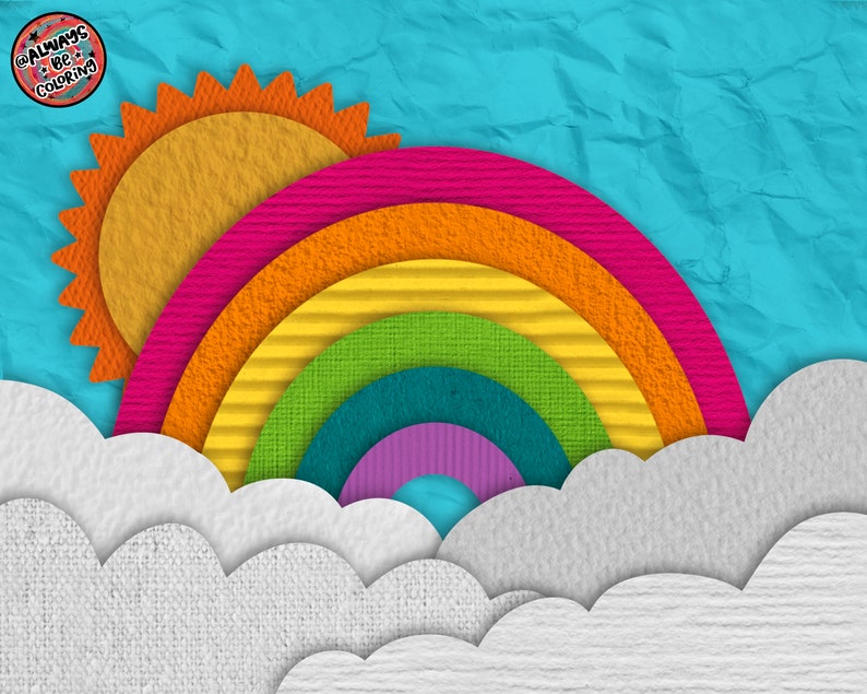 Puede incluir: Un arco&iacute;ris colorido hecho de papel con un sol amarillo y nubes blancas sobre un fondo azul. El texto "@ALWAYS BE COLORING" est&aacute; en un c&iacute;rculo en la esquina superior izquierda.