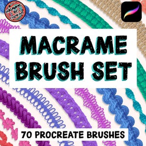 May include: A digital art product showcasing a "Macrame Brush Set" with 70 Procreate brushes. The image presents diverse, colourful macrame-style brush strokes in shades of purple, blue, green, and coral, alongside the Procreate app icon.