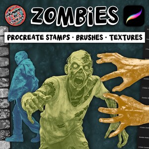 Pode incluir: Um gráfico digital com o texto ZOMBIES PROCREATE STAMPS BRUSHES TEXTURES. A imagem mostra uma figura de zumbi em tons de verde, uma silhueta de zumbi azul caminhando e duas mãos de zumbi douradas sobre um fundo escuro.