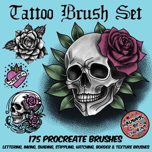 Könnte beinhalten: Ein Set mit 175 Procreate-Pinseln zum Erstellen von Tattoo-Kunst. Das Bild zeigt einen Schädel mit einer Rose, ein Herz mit dem Wort "NEW" darauf und eine Rose mit Blättern. Der Text "@ALWAYS BE COLORING" ist ebenfalls sichtbar.