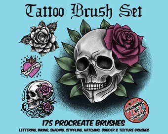 Può includere: Un set di 175 pennelli Procreate per creare arte in stile tatuaggio. L'immagine mostra uno scheletro con una rosa, un cuore con la scritta "NEW" e una rosa con foglie. Il testo "@ALWAYS BE COLORING" è anche visibile.