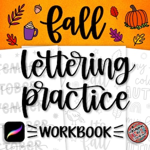 Puede incluir: Un libro de trabajo imprimible en blanco y negro con el texto "fall lettering practice workbook" e ilustraciones de otoño.