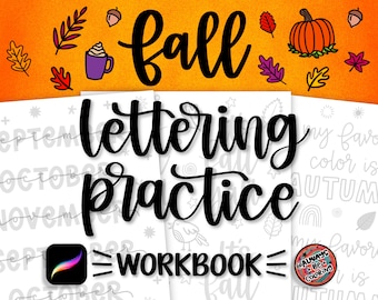 Fall Lettering Practice Workbook 22 Procreate Brushes, 15 Lettering Worksheets, Learn Brush Lettering, Modern Calligraphy,Plus PDFs to print