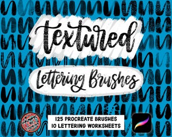 May include: A blue background with black textured lettering brushes. The text "Textured Lettering Brushes" is in a white box with a black outline. The text "125 Procreate Brushes" and "10 Lettering Worksheets" is in white text on a black background. The text "@Always Be Coloring" is in white text on a black circle with a white outline.