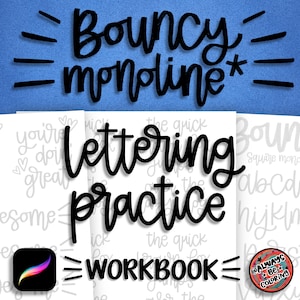 10 pinceles Procreate, 10 hojas de trabajo de práctica de letras, aprender letras procreadas de estilo monolínea hinchable, caligrafía, libro de trabajo de letras