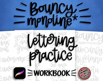 10 Procreate Brushes, 10 Lettering Practice Worksheets, Learn Bouncy Monoline Style Procreate Lettering, Calligraphy, Lettering Workbook