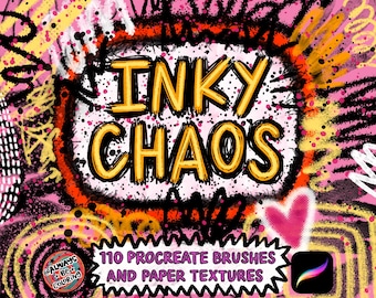 Könnte beinhalten: Eine digitale Illustration mit bunten abstrakten Formen und Texturen mit dem Text "INKY CHAOS" in gelben Buchstaben. Der Text "110 PROCREATE BRUSHES AND PAPER TEXTURES" befindet sich unter dem Haupttext. Eine rosafarbene Herzform befindet sich in der unteren rechten Ecke des Bildes. Das Procreate-App-Symbol befindet sich in der unteren rechten Ecke des Bildes.