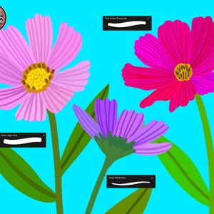 May include: A digital illustration of three colorful flowers against a bright blue background. The flowers are in shades of pink, purple, and red, with yellow centers and green stems and leaves. The image includes the text "@ALWAYS BE COLORING".