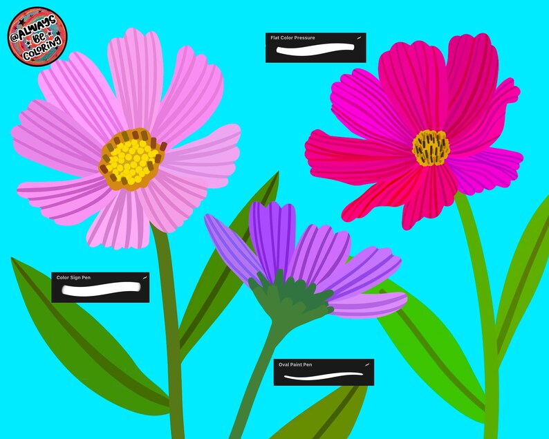 May include: A digital illustration of three colorful flowers against a bright blue background. The flowers are in shades of pink, purple, and red, with yellow centers and green stems and leaves. The image includes the text "@ALWAYS BE COLORING".