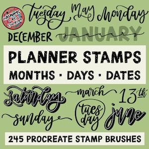 May include: A digital art graphic on a pale green background. The graphic includes the words "PLANNER STAMPS" and various months, days, and dates. The text "245 PROCREATE STAMP BRUSHES" is also included.