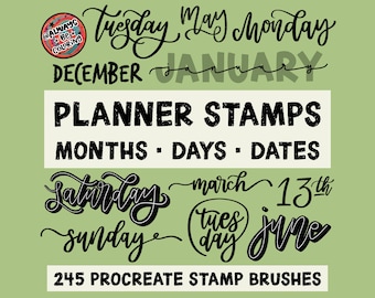 245 Procreate Dates, Days of the Week and Months Stamps for Digital Planners and Journals, Calendar Stamps, Bullet Planner Journal Stamp Set