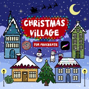 May include: A digital illustration of a Christmas village scene with houses, a snowman, and a Christmas tree. The text "CHRISTMAS VILLAGE" is displayed in a red banner with colorful lights. Snowflakes and a crescent moon are in the night sky.