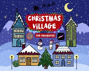 Procreate Christmas Village Brush and Stamp Set with Houses, Holiday Lights, Decorative Elements, Snow for Digital Illustrations & DIY Cards