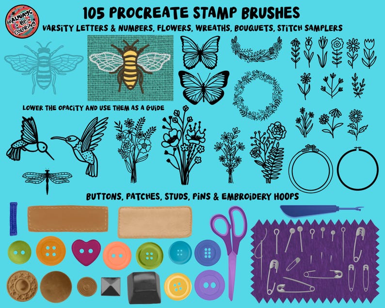Może przedstawiać: 105 szczotek do stempli Procreate do sztuki cyfrowej i projektowania. Obraz przedstawia r&oacute;żne rodzaje szczotek, w tym kwiaty, wianki, bukiety, pr&oacute;bki ścieg&oacute;w, guziki, łatki, ćwieki, szpilki i obręcze do haftu.