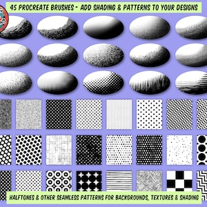 ¡Conjunto de creación de personajes de mascota retro para Procreate! ¡280 sellos para Procreate, 45 pinceles de semitonos, texturas y patrones sin costuras! Caras, cuerpos, brazos, piernas imagen 7